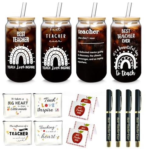 ONEHAUS Teacher Appreciation Gifts in Bulk – 24-Piece Set with 4 18oz Glass Cups, Lids, Straws, Pens, Pouches & Thank You Cards – Christmas, End of Year, Back to School, Graduation Gifts for Teachers