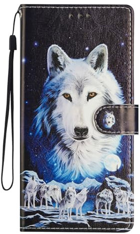 Huzhide for Motorola Moto G05 Case, Cute Art Animals PU Leather Shockproof Bumper Wallet Phone Case with Card Holder Kickstand Flip Folio Protective Cover for Motorola Moto G05, Wolf