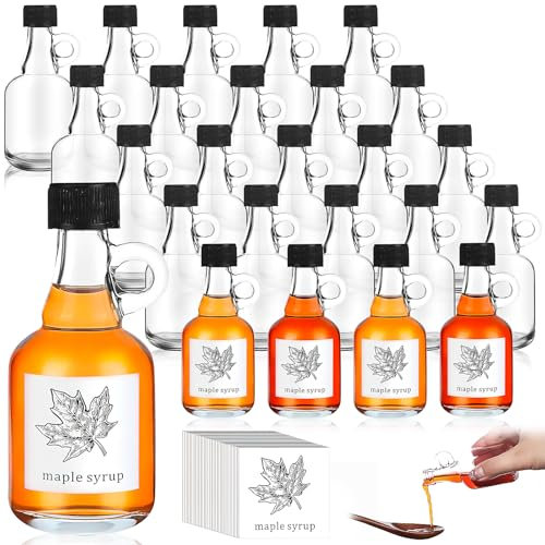 Lot de 24 mini bouteilles de sirop d'érable avec couvercles, 50 ml en verre avec poignée en boucle et autocollants, bocaux vides transparents réutilisables pour alcool, huile, lait, jus, sauce