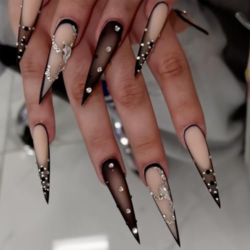 NICENEEDED 24 PCS Long Stiletto Press on Nails Ongle Artificiel Pointu en Amande avec Un Design Luxueux en Strass Manucure Complète en Plastique Brillant pour Femme