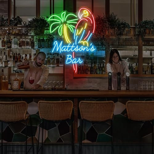 Xusdamyj Personalisiertes Tiki Bar Schild, Papagei Palme Dekor, Palme Tiki Bar LED Licht personalisierte Geschenke Man Cave Pub Dekoration
