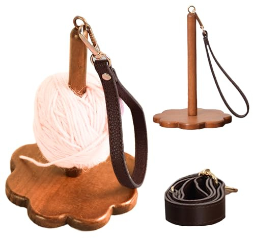 Wisnewth Tragbarer Garnhalter aus Holz in Vintage-Optik mit verstellbarer Handgelenk-Schlaufe, Wearable & Tisch-Stand für Stricker und Häkler, Kompaktes Design (12x12x19 cm)