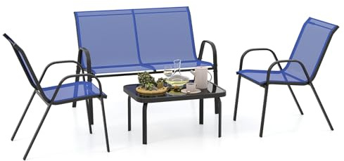 COSTWAY Conjunto Jardin Exterior de 4 Piezas, Mesa de Café de Cristal Templado, Banco y 2 Sillas Individuales, Tela Textilene, Mesa y Sillas, Muebles Jardin Terraza Balcon Exterior (Azul)