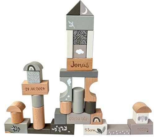 Mainely Personalisierbare Holz-Bausteine 50-teilig (Olivgrün) – fördert Feinmotorik & Kreativität – für Kinder ab 2 Jahren – personalisiert mit Namen & Geburtsdaten – Label Label