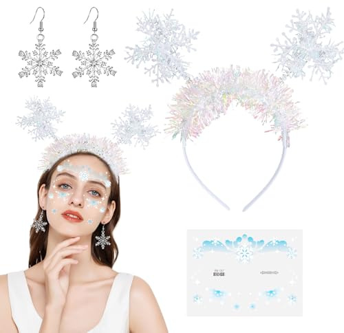 SANLIUSANJIU DamenSchneeflocke Kostüm Accessoires, Schneeflocken Haarreif + Ohrringe + Gesicht Tattoos, für Weihnachten Fasching Karneval Mottoparty Cosplay
