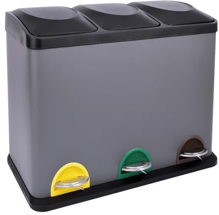 Generisch Treteimer Edelstahl 45 Liter Silber 3X 15L dreifach Abfalleimer 3er-Mülleimer Mülltrennung Küchen-Eimer