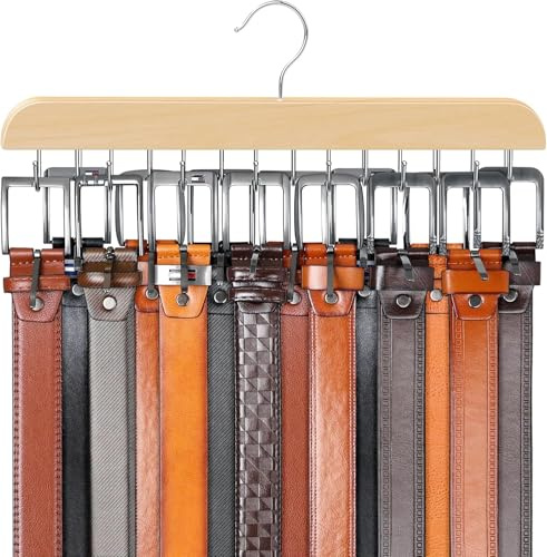DIRXVMC Belt Hanger for Closet Max 42 Belts, Belt Organizer Closet Accessories with 14 Hooks Belt Rack Sturdy Wood for Closet Organizers and Storage