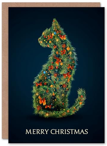 Christmas Card Cat Silhouette Colourful Decorated Christmas Tree