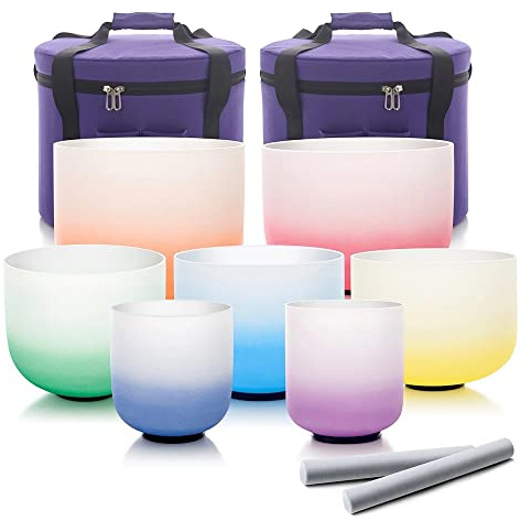 Crystal Singing Bowls, 6-12 Inch 7pcs Rainbow Frosted Quartz Crystal Singing Bowl Set, Sound Healing