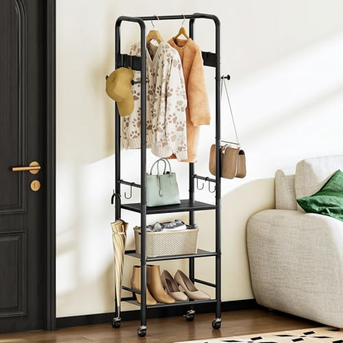 CHOEZON Coat Rack, Narrow Clothing Rail on Wheels, 3-Tier Rolling Garment Rack, Clothes Rack, Trolley Rolling Cart with Hooks and Hanging Rod, for Entryway, Bedroom, Living Room, Black DTYM17BB