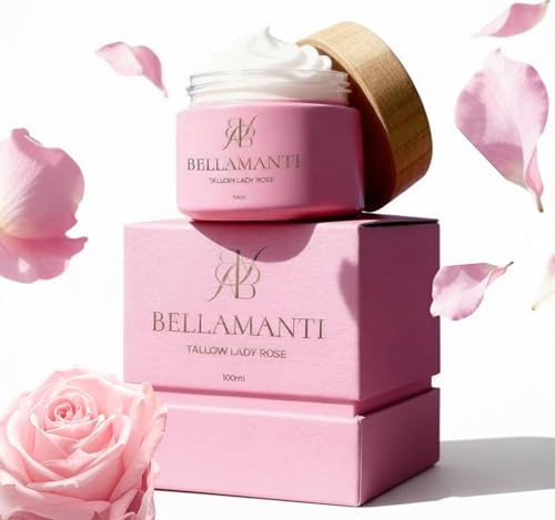 Beef Tallow Balm, Grass-Fed- Rindertalg Creme 100% grasgefütterter „Lady Rose“ mit Rosenöl, für fahle, geschädigte, gereizte, empfindliche, reife oder faltige Haut, mit Rosenduft, Bellamanti, 100ml