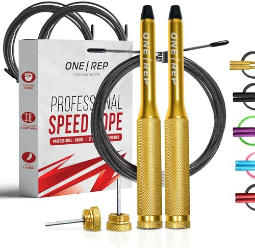 Comba Crossfit Profesional ONE REP - Aluminio, 2 Cables, Boxeo, Fitness | Incluye 2 cables intercambiables de repuesto: uno de velocidad y otro estándar. Mangos de aluminio con rodamientos 360°.