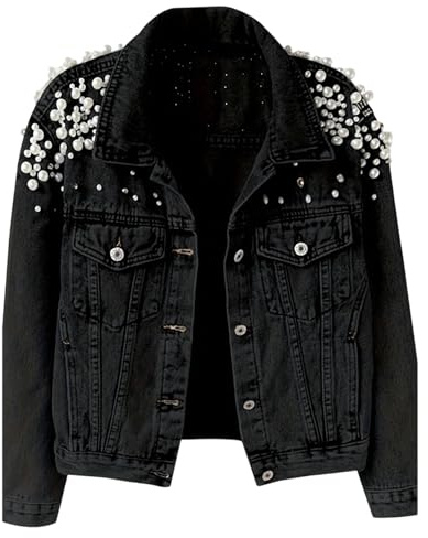 Oversized Jeansjacke für Damen, bestickt mit Nieten und Perlen, kurze Jeansjacke, trendiger Mantel, Oberbekleidung
