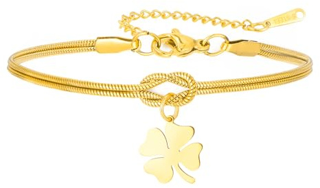 Amaxer Love Knot Lucky Four Leaf Clover Pendant Bracelet for Women St Patricks Day Double Snake Chain Celtic Love Knot Adjustable Stainless Steel Bracelet, Eine Größe, Edelstahl, Edelstahl