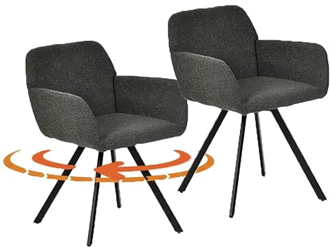 Xinyvee Silla de Comedor Giratoria 360° Pack de 2 Bouclé Gris Oscuro | Reposabrazos envolventes con patas de metal negro para un diseño moderno que combina comodidad y elegancia visual