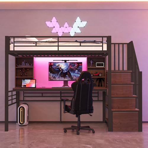 Soweiz Letto a soppalco 90 × 200 cm, con scrivania, presa europea e illuminazione a LED, scala di stoccaggio (montaggio a sinistra/destra), alta griglia di protezione, letto singolo, telaio in ferro