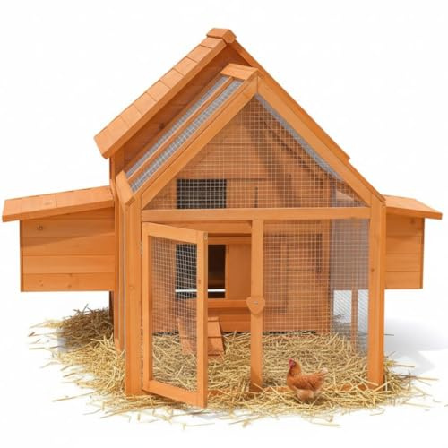 Mucola Hühnerstall Hühnerhaus Holz mit Freigehege 156x164x112 cm Braun | 2 Legenester von außen zugänglich, Sitzstangen und Rampe, verzinktes fuchssicheres Gitter, Dach als Regen- und Sonnenschutz