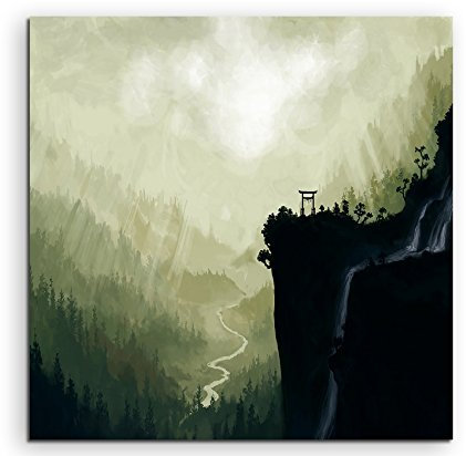 Japanese Waterfall Painting Leinwandbild in 60x60cm Made in Germany! Preiswerter fertig gerahmter Kunst-Druck zum Aufhängen - tolles und einzigartiges Motiv. Kein Poster oder Plakat!