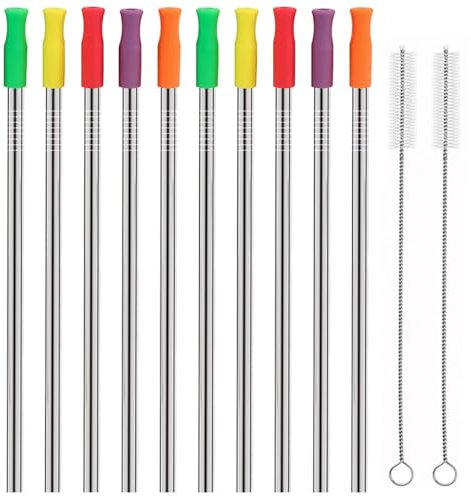 HuaQi Lot de 10 pailles droites réutilisables en acier inoxydable avec embouts en silicone pour gobelets Yeti de 590 ml et 850,5 g (26,6 cm de long et 0,6 cm de diamètre + 2 brosses)