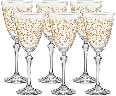 Bohemia Rotweingläser Kristall, Weinglas, Model Leaves Gold, gold Gravur, 350 ml, 6er Set