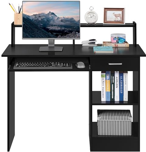 Yaheetech Black Computer Desk, Small Home Office Desk with 1 Drawer Keyboard Tray, PC Laptop Table with Shelves, Modern Style Desks for Small Spaces, Bedroom, Home, Office, 106x50x94cm