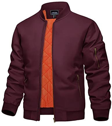 KEFITEVD Men Autumn Vintage Bomber Jackets Warm Baseball Jackets Biker Windbreaker with 4 Pockets,Wine Red,XL