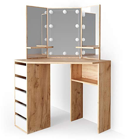 Vicco Frisiertisch für die Ecke Arielle, Goldkraft Eiche/Weiß, 110 cm mit LED Beleuchtung