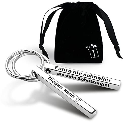 iTemstore24 Schlüsselanhänger Fahr vorsichtig Anhänger Geschenk mit Gravur Liebesbotschaft aus Edelstahl mit Gravur inkl. Samtbeutel (Silber, 1x Fahre nie schneller Schutzengel)
