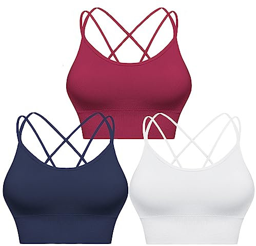 Sykooria Sport BH Damen Gepolstert Bustier ohne Bügel Spaghettiträger Cross Back Design Push Up Sport Bra Top für Yoga Fitness, Weiß+Blau+Weinrot S