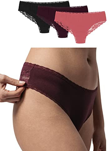 Snocks Brazilian Slip mit Spitze Damen aus Bio-Baumwolle (3er Pack) - Damenunterwäsche mit Perfekter Passform und angenehmem Tragegefühl - Unterwäsche Frauen Gr.XL, Farbe Mauve/Rott/Schwarz