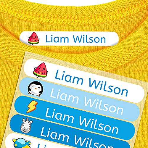 50 Etiquetas termoadhesivas personalizadas para marcar la ropa de los niños. Pegatinas para planchar, resistentes a lavadora y secadora. Tamaño 6 x 1 cm. (Paleta 14)