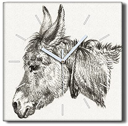 Coloray Uhr auf Leinwand Dekoration 30x30cm Wand Uhr Segeltuch Ohne tickendes Geräusch Wohnzimmer - Tier Esel