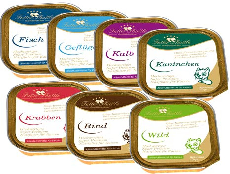 Futter-Shuttle - Katzen Nassfutterschalen (84x100g) - 7 vers. Geschmacksrichtungen - Ideale Portionsgröße - Nassfutter - Katzenfutter