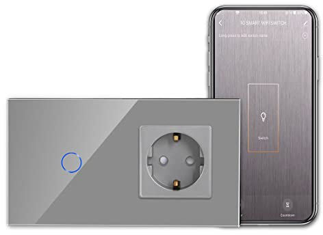 CNBINGO Smart Touchschalter mit Schuko Steckdose unterputz mit Glasrahmen, WLAN Lichtschalter Arbeit mit Alexa, Google Assistant, Wandschalter einfach in Grau, Ohne Neutralleiter