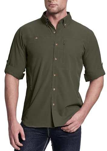 33,000ft Men's Long Sleeve Hiking Shirts Summer UV Protection Breathbale Quick Dry Fishing Shirts Button Down Shirt with Pockets for Safari, Camping Green 2XL