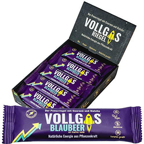Vollgas Riegel Blaubeer - Energieriegel mit 30mg Koffein - Vegan, BIO, Glutenfrei - Leicht Verträglich - Sportriegel für Radsport, Laufen, Wandern - Vor und Während dem Sport - 20 x 40g