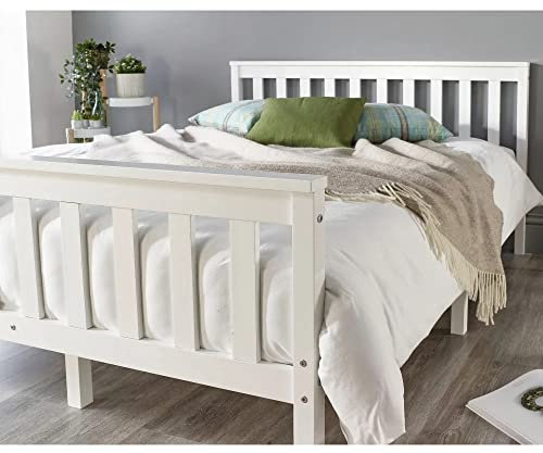 XEO HOME 4ft Small Double Wooden Bed, Pine Wood Bed Frame With Mattress White Finished Solid Headboard High Foot end Bedroom Furniture Sprung Memory Foam Mattress (SML DBL Bed With Mattress)