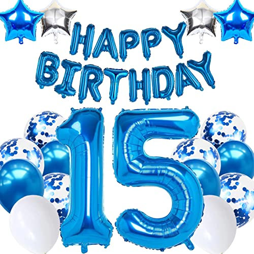 15. Geburtstagsdeko Junge, Luftballon 15 Geburtstag Blau, 15. Geburtstag Dekoration Blau, 15 Jahr Geburtstagsdeko Blau, Luftballon 15 Geburtstag für Mädchen Jungen 15 Jahr Party Deko