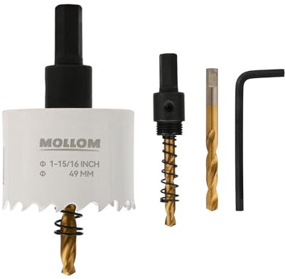Mollom (49mm | 1-15/16) HSS M42 con 8% de cobalto,Sierra de Corona Bi-Metal con 2 Brocas Piloto y Arbor para Corte Suave en PVC,Pladur,Madera,Plástico,Yeso,Goma