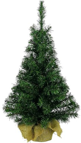 Aurora Store Pinetto VERDE 45 cm Albero di Natale CON BASE LEGNO in PP+PVC | Mini Pino Alberello di Natale Artificiale con stand rivestito Sacco Juta 60 rami