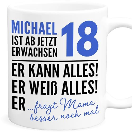 Tasse 18. Geburtstag Junge Geschenk personalisiert lustige Geschenkidee Männer Geburtstagsgeschenk Kaffeetasse mit Namen aus Keramik (Blau)