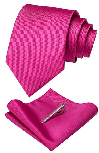 JEMYGINS Cravate Homme en Soie et Pinces à cravate Carre de poche Set rose vif