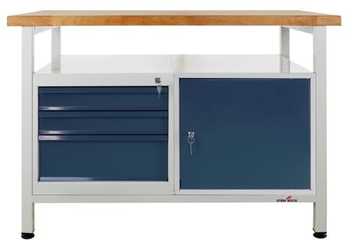 Steinbock Werkbank mit 3 Schubladen und Tür | 300 kg Tragkraft | HxBxT 84 x 120 x 60 cm | Anthrazitgrau | 4 cm Starke Massivholz-Arbeitsplatte | stabiles Stahlgestell | Made in EU | Profi-Werktisch
