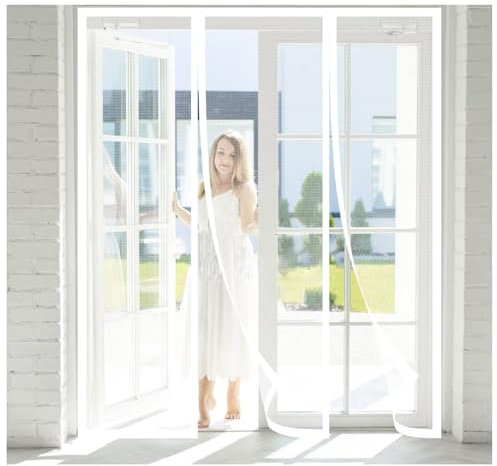 Magnetic Screen Door Curtain,Large Magnet Patio Door Mesh Curtain for Door,Full Frame Hook and Loop Tape Outdoor Patio 275x240cm,White