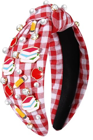 boderier Serre-tête pour enseignant, livre de crayons, bandeau à carreaux rouges avec perles et strass, bandeau noué pour la rentrée scolaire, cadeau de reconnaissance pour femme