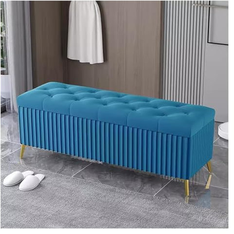 WIGSELBL Samt-Aufbewahrungsbank, gepolstert, getuftet, Ottomane, extra lange Aufbewahrungsbank mit goldenen Beinen, gepolsterte Sitzbank für Wohnzimmer (Farbe: Blau, Größe: 120 cm)