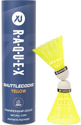 Raquex Volani da Badminton - Piume in Nylon, Tubo di 6 con Testa in Sughero Naturale. Tre Opzioni di velocità, Bianchi o Gialli. per Giocare al Coperto o All'aperto - Veloce 78, Giallo