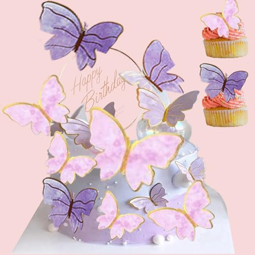 Neodtx Schmetterlinge Deko Torte 21 Stück Schmetterling Deko Geburtstag 3D Schmetterling Tortendeko Mädchen Happy Birthday Kuchen Deko Für Hochzeitstorte Deko Baby Party(1*Rosa Und Lila)