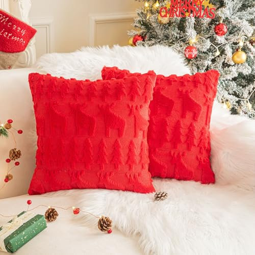 XNSHUN 2er Set Kissenbezug Weihnachten, Deko Kissenhüllen Weihnachtsdeko Plüschkissen Sofakissen Deko Bezug, Zierkissenbezug Für Kissen Sofa Schlafzimmer Wohnzimmer (50x50cm,Rot-Elch)