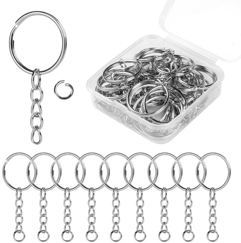 FOMGIIN Keychain Ring Set, 30pcs Splits Key Hoops (25mm) with Chain + 30pcs Jumper Rings, Sliver Metal Keyring Chains Keyrings for DIY Tassels Art Resin Jewellery Making Craft Attachment (30 Sets)